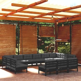 3097239 vidaXL Set mobilier grădină cu perne, 13 piese, negru, lemn masiv pin
