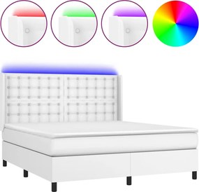 vidaXL Pat cu arcuri, saltea și LED, alb, 180x200 cm, piele ecologică