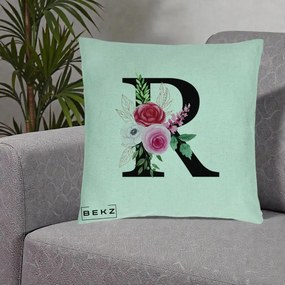 Cadou Personalizat - Perna Personalizata Monograma Florala Litera R, 40x40 cm, Verde Menta, Husa Detasabila, Perna Inclusa, BEKZ®