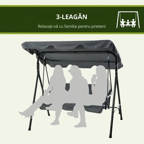 Outsunny Leagăn de Grădină cu 3 Locuri cu Copertină și Cadru din Oțel și Poliester, 172x110x153 cm, Gri