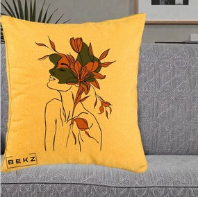 Perna Decorativa Portret Feminin Crin Auriu, 40x40 cm, Galben, Husa Detasabila, Perna Inclusa, BEKZ®