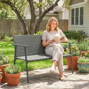 Outsunny Bancă de grădină 2 locuri din rășină împletită și oțel, cu cotiere, spătare și picioare reglabile, 110x58x78cm, gri | Aosom Romania
