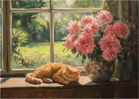 Tablou pe sticlă - Pisică la fereastră (70x50 cm)