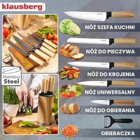 Set de cuțite de bucătărie Klausberg KB 9036, 7 piese, oțel inoxidabil, aspect de lemn, suport, maro