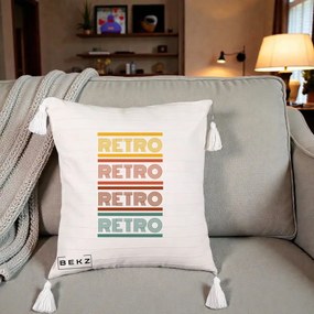 Perna Decorativa RETRO Text Multicolor, 40x40 cm, Bej cu Franjuri, Husa Detasabila, Perna Inclusa, BEKZ®