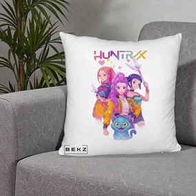 Perna Personalizata K-pop HUNTRX Trio Foto cu Pisica, 40x40 cm, Alb Pufos, Husa Detasabila, Perna Inclusa, BEKZ®