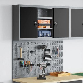 vidaXL Set dulap unelte &amp; panou cârlige de perete, 3 piese negru metal