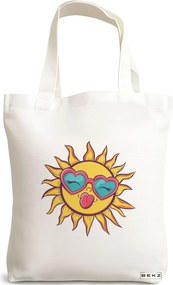 Sacosa de Panza pentru Cumparaturi, Geanta Tote, model Sun faces 24 38 x 34.5 cm, Alba, BEKZ®