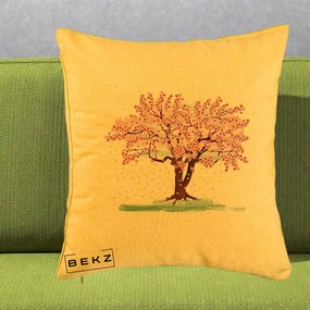 Perna Decorativa Cires Inflorit Acuarela, 40x40 cm, Galben, Husa Detasabila, Perna Inclusa, BEKZ®