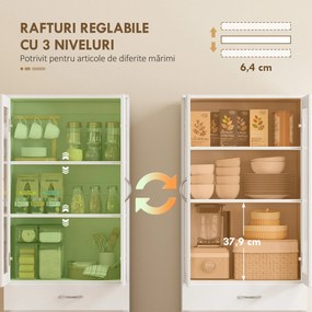 HOMCOM Dulap de Bucătărie Înalt 180 cm cu Uși din Sticlă Soft-Close, Sertar și 2 Dulapuri, Polițe Reglabile, Alb | Aosom Romania