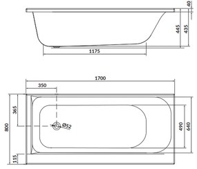 Cada baie incastrata Cersanit Smart, 170 x 80 cm, orientare stanga, alb lucios 1700x800 mm, Stanga