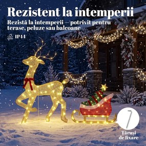 Outsunny Ren de Crăciun Iluminat cu Sanie, 95 LED-uri, Înălțime 125 cm, Auriu | Aosom Romania