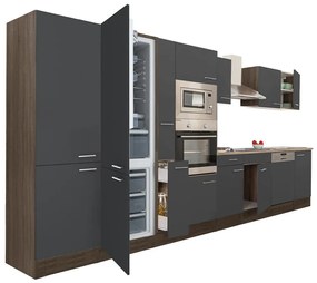 Mobilă de bucătărie Yorki 430, corp din stejar Yorki, față antracit satinat, frigider cu congelator în partea de jos