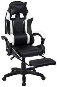 Scaun gaming, masaj în perna lombară, suport picioare, PU, Negru/Alb