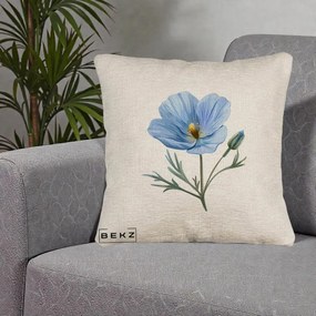 Perna Decorativa Mac Albastru Acuarela, 40x40 cm, Bej Canapea, Husa Detasabila, Perna Inclusa, BEKZ®