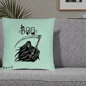 Perna Decorativa Halloween Boo Grim Reaper cu Coasa, 40x40 cm, Verde Menta, Husa Detasabila, Perna Inclusa, BEKZ®