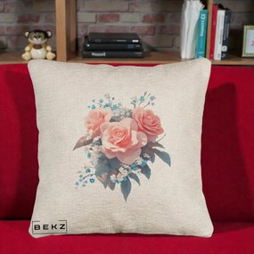 Perna Decorativa Trandafiri Roz cu Floricele Albastre, 40x40 cm, Bej Canapea, Husa Detasabila, Perna Inclusa, BEKZ®