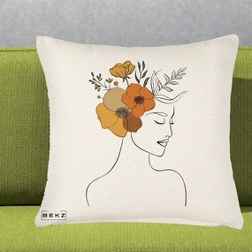 Perna Decorativa Portret Feminin Flori Galbene-Portocalii, 40x40 cm, Crem Reliefat, Husa Detasabila, Perna Inclusa, BEKZ®