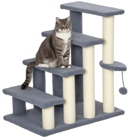 PawHut Scara pentru Pisici de 4 Nivele Acoperit cu Franela Stalp de Zgarci Bola Agatatoare 60x40x64 cm Gri | Aosom Romania