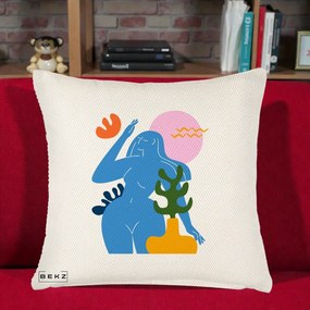 Perna Decorativa Femeie Albastra Cactus, 40x40 cm, Crem Reliefat, Husa Detasabila, Perna Inclusa, BEKZ®