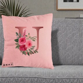 Cadou Personalizat - Perna Personalizata Monograma Rose Gold Litera U, 40x40 cm, Roz, Husa Detasabila, Perna Inclusa, BEKZ®