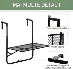 Outsunny Masă Pliabilă pentru Balustradă sau Balcon, din Metal, Reglabilă în Înălțime, 60x60x57-72cm, Negru | Aosom Romania
