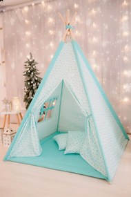 Set Cort de joaca, Gold Stars Teepee Mint, 110 x 110, salteluta, 2 pernite si kit fixare