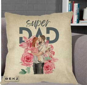 Cadou pentru Tata - Perna Personalizata Super Dad Tata cu Fetita si Flori, 40x40 cm, Crem, Husa Detasabila, Perna Inclusa, BEKZ®