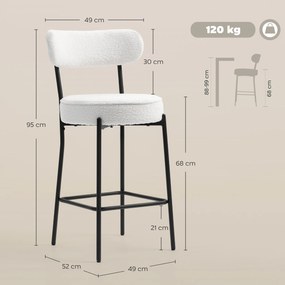 HOMCOM Set de 2 taburete de bar din țesătură bouclette, scaune de bar cu spătar curbat, suport picioare, 49x52x95cm, crem | Aosom Romania