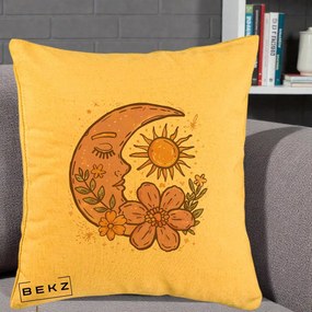 Perna Personalizata Luna si Soare Floral Boho, 40x40 cm, Galben, Husa Detasabila, Perna Inclusa, BEKZ®