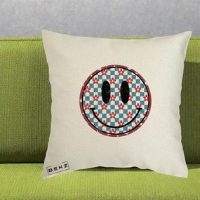 Perna Decorativa Smiley Face Checkered cu Floricele, 40x40 cm, Ecru, Husa Detasabila, Perna Inclusa, BEKZ®