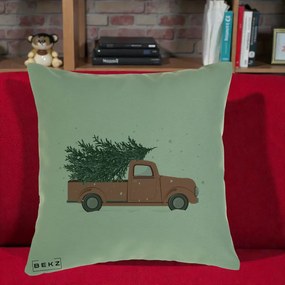 Perna Decorativa Camioneta Terracotta Brad de Craciun, 40x40 cm, Verde, Husa Detasabila, Perna Inclusa, BEKZ®