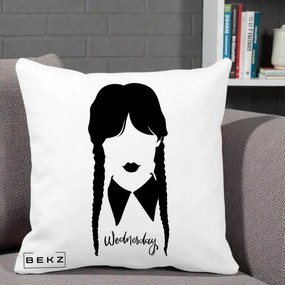 Perna Personalizata Wednesday Addams Silueta Alb-Negru, 40x40 cm, Alba Mata, Husa Detasabila, Perna Inclusa, BEKZ®