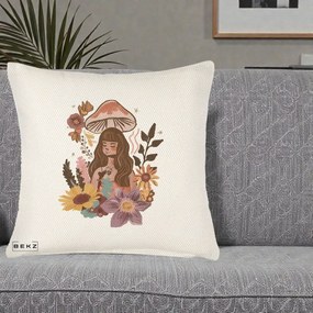 Perna Decorativa Fata Ciuperca Boho Florala, 40x40 cm, Crem Reliefat, Husa Detasabila, Perna Inclusa, BEKZ®