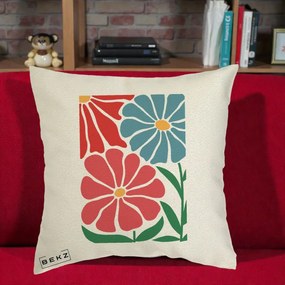 Perna Decorativa Flori Grafice Rosu-Albastru, 40x40 cm, Ecru, Husa Detasabila, Perna Inclusa, BEKZ®