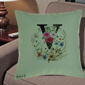 Cadou Personalizat - Perna Personalizata Monograma Florala Litera V cu Coroana, 40x40 cm, Verde, Husa Detasabila, Perna Inclusa, BEKZ®