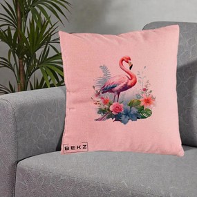 Perna Decorativa Flamingo cu Flori Tropicale Acuarela, 40x40 cm, Roz, Husa Detasabila, Perna Inclusa, BEKZ®