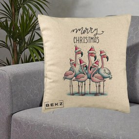 Perna Decorativa Flamingo Merry Christmas, 40x40 cm, Bej, Husa Detasabila, Perna Inclusa, BEKZ®