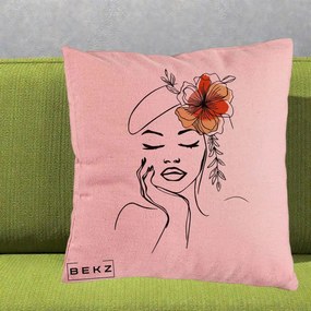 Perna Decorativa Portret Feminin Flori Palarie, 40x40 cm, Roz, Husa Detasabila, Perna Inclusa, BEKZ®