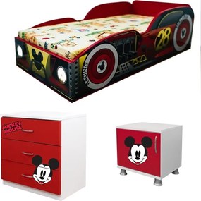 Pat masina Mickey lumini cu comoda si noptiera cadou