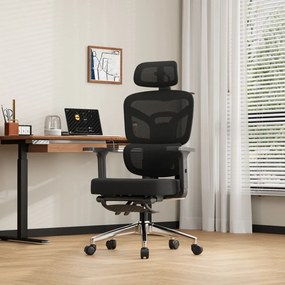 NEXORA CONFORT – Scaun ergonomic, suport lombar 3D adaptiv, tetieră 4D, cotiere 3D, șezut glisant, recliner 135°, suport pentru picioare, bază metalică, Mesh, Negru
