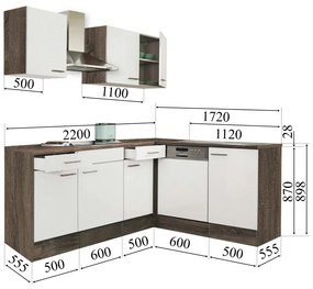 Mobilă de bucătărie de colț Yorki 220, corp din stejar Yorki, cu față alb satinat