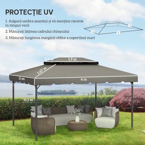 Outsunny Acoperiș de Rezervă pentru Pavilion 4x3 m cu 2 Niveluri pentru Grădină, Copertină Rezistentă la Apă din Poliester 170g/㎡ cu 8 Găuri de Drenaj, Gri Deschis | Aosom Romania
