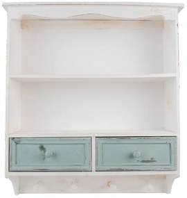 Etajeră de perete shabby chic din lemn alb cu două sertare, 56x13x60 cm, „Avallon”