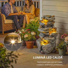 Outsunny Fântână de exterior cu design de rocă în 6 niveluri, cascadă de apă cu lumini LED, debit reglabil, gri | Aosom Romania