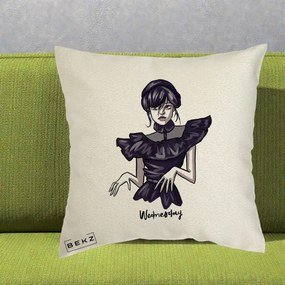 Perna Personalizata Wednesday Addams Dans Gotic, 40x40 cm, Ecru, Husa Detasabila, Perna Inclusa, BEKZ®