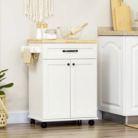 HOMCOM Căruț de bucătărie pe roți cu multiple depozitări 1 sertar 1 dulap 1 suport pentru prosoape alb cu blat din lemn | Aosom Romania