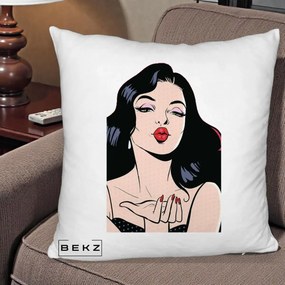 Perna Decorativa Femeie Pop-Art Kiss, 40x40 cm, Alb Pufos, Husa Detasabila, Perna Inclusa, BEKZ®