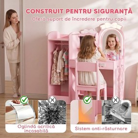 AIYAPLAY Măsuță de Toaletă pentru Copii 3 În 1 cu Taburet, Oglindă cu 2 Tipuri de Lumină și Suport Haine, Roz, 3-8 Ani | Aosom Romania