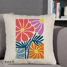 Perna Decorativa Flori Grafice Roz-Orange-Albastru, 40x40 cm, Bej Canapea, Husa Detasabila, Perna Inclusa, BEKZ®